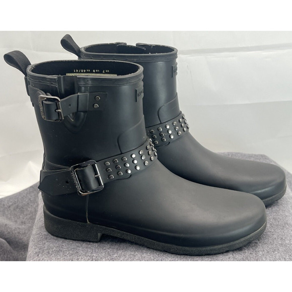 Hunter Refined Black Studded Biker Boot Womens 9 Rubber Rain Pull On Waterproof - Picture 1 of 10
